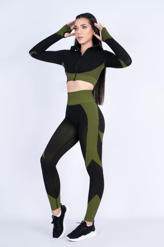 Black and Olive Green Textured Two-Piece Set