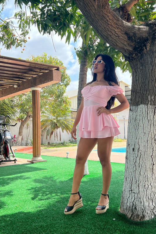 Blush Pink Off-Shoulder Ruffle Mini Dress