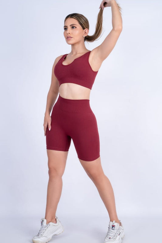 Burgundy Ribbed Two-Piece Biker Shorts Set