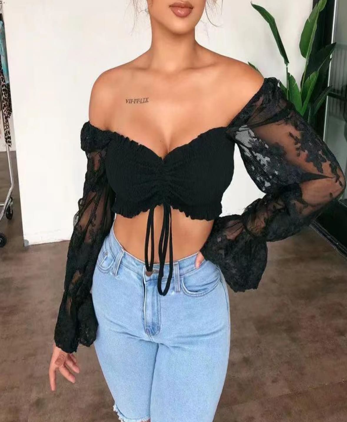 Black Lace Off-Shoulder Crop Top
